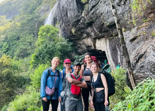 knuckles mountain range trekking group at duwili waterfalls